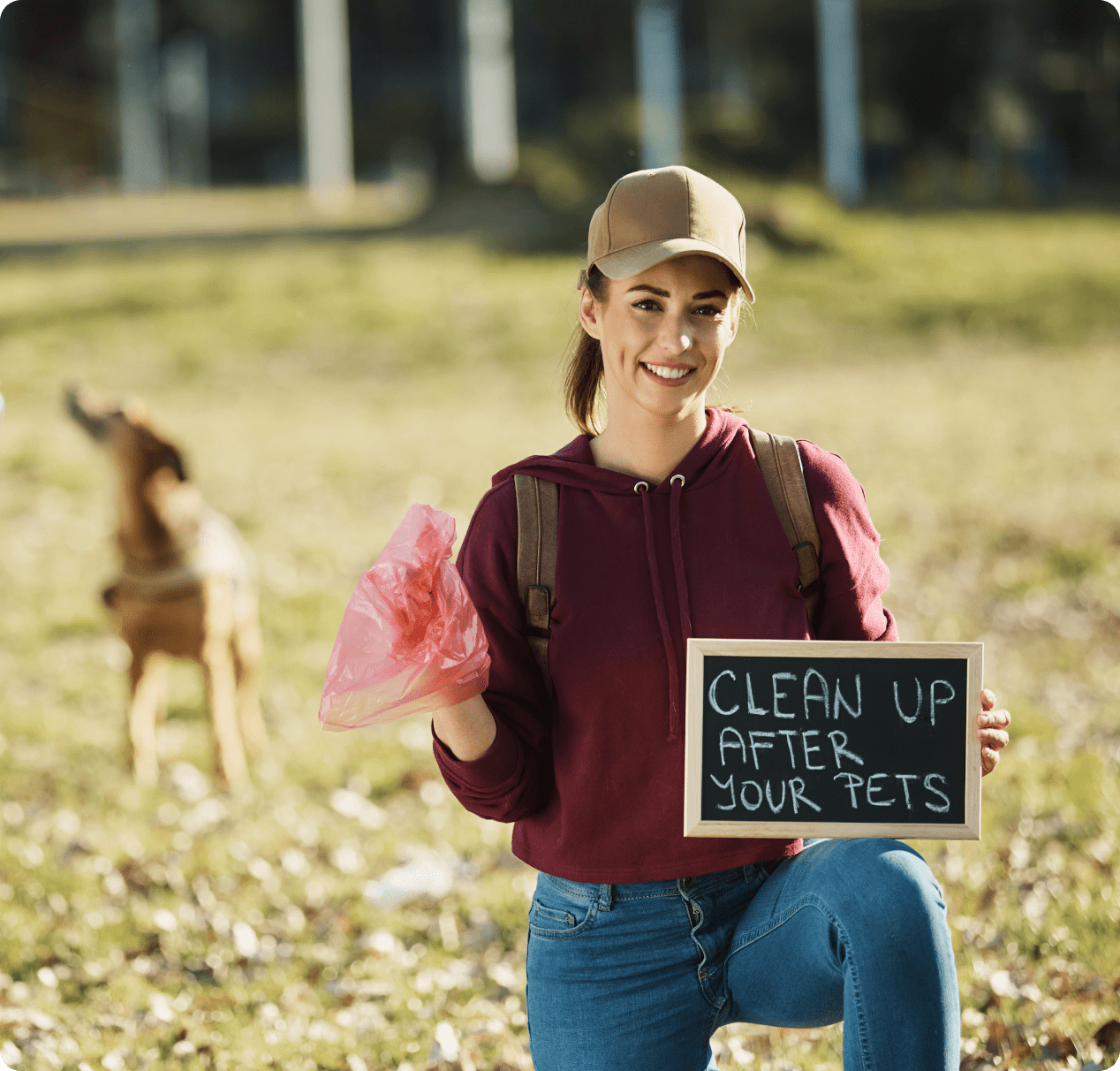 A woman holding a sign that says clean up after your pets.